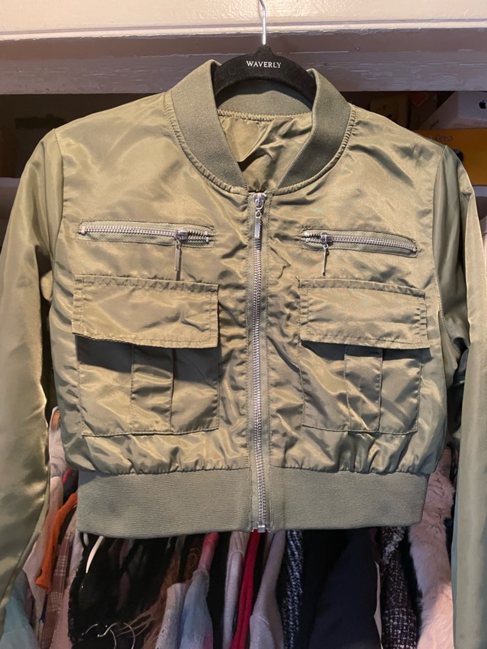 Kids Olive Green Puffer Jacket with Front Pockets